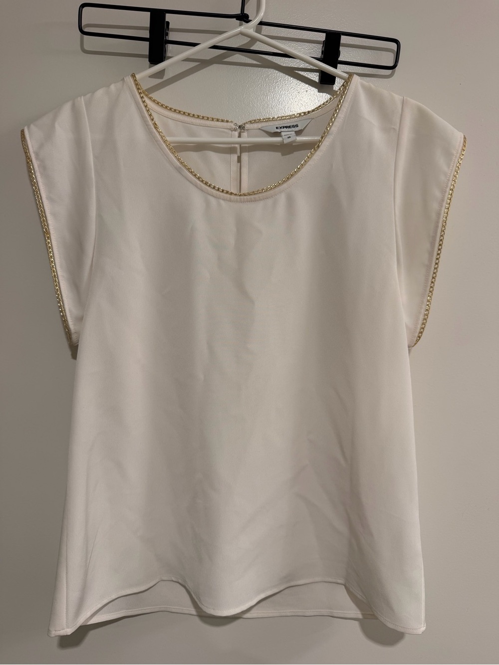 Express Cream Short Sleeve Blouse with Gold Chain Trim
